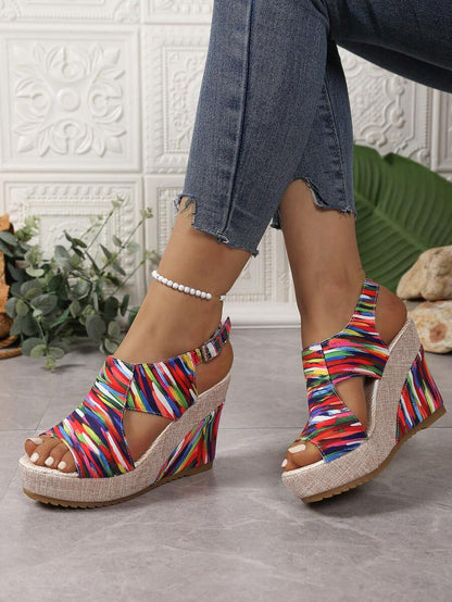 Women's Thick Sole Rainbow Printed Bohemian Open Toe Platform Sandals, Wedge Heeled, Anti-Slip, Versatile Beach Outdoor Vacation Shoes, 2025 Spring/Summer Collection