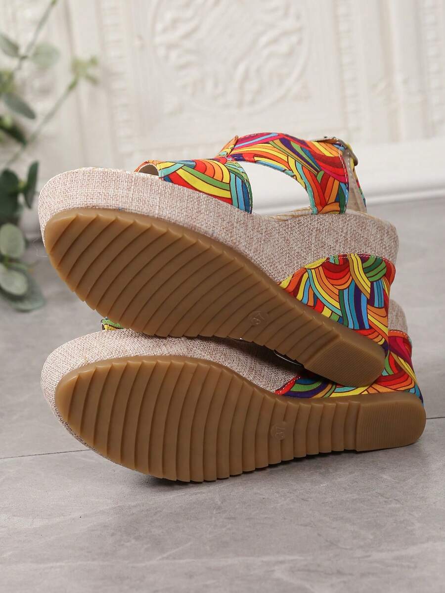 Women's Thick Sole Rainbow Printed Bohemian Open Toe Platform Sandals, Wedge Heeled, Anti-Slip, Versatile Beach Outdoor Vacation Shoes, 2025 Spring/Summer Collection