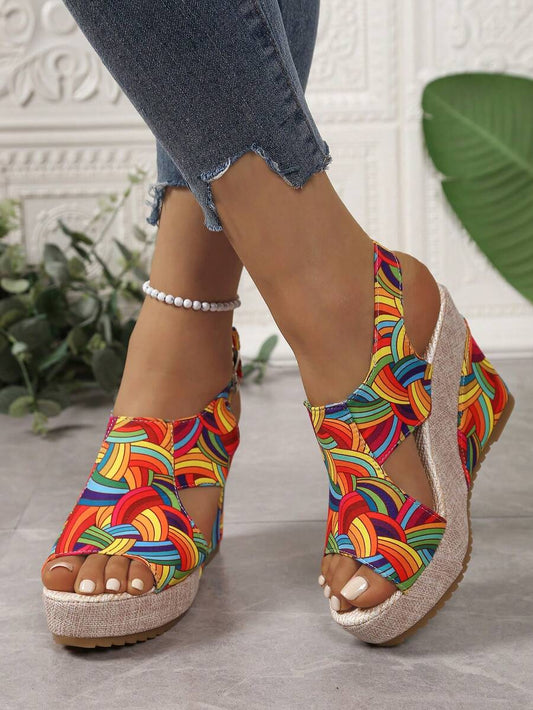 Women's Thick Sole Rainbow Printed Bohemian Open Toe Platform Sandals, Wedge Heeled, Anti-Slip, Versatile Beach Outdoor Vacation Shoes, 2025 Spring/Summer Collection