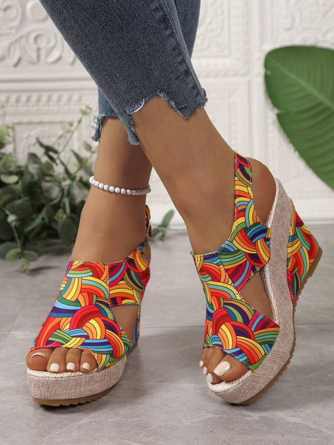 Women's Thick Sole Rainbow Printed Bohemian Open Toe Platform Sandals, Wedge Heeled, Anti-Slip, Versatile Beach Outdoor Vacation Shoes, 2025 Spring/Summer Collection Hover Image