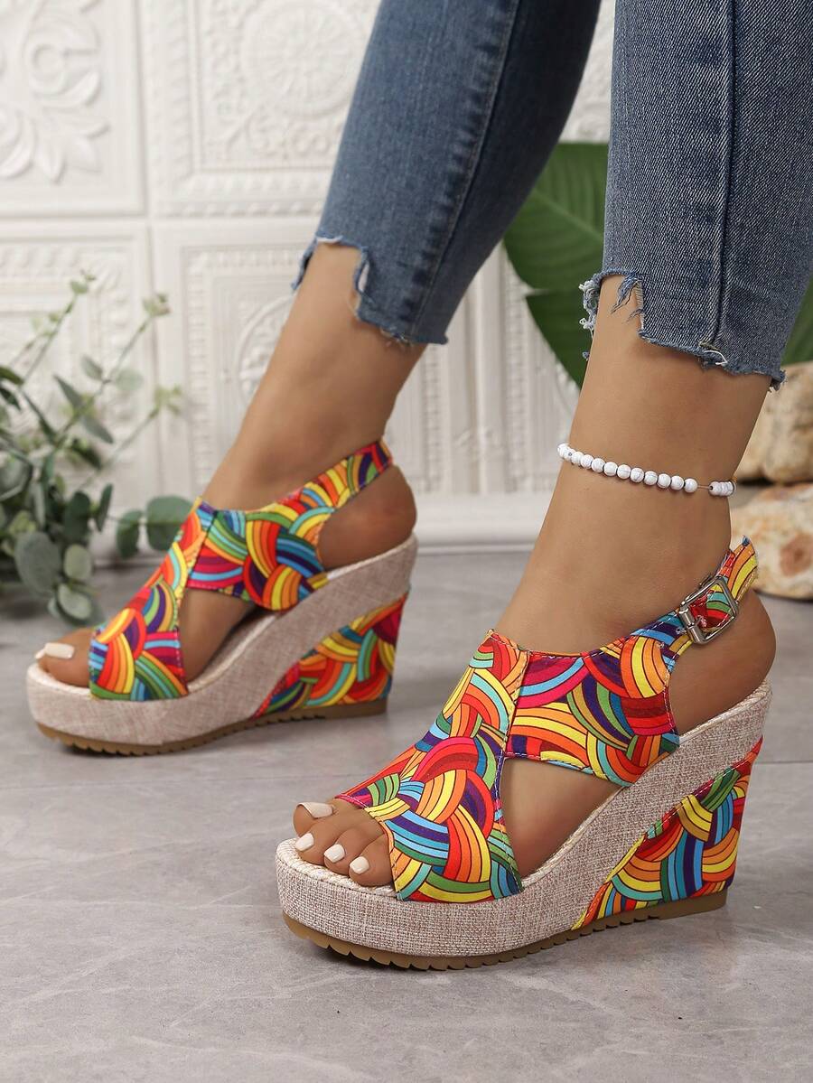 Women's Thick Sole Rainbow Printed Bohemian Open Toe Platform Sandals, Wedge Heeled, Anti-Slip, Versatile Beach Outdoor Vacation Shoes, 2025 Spring/Summer Collection
