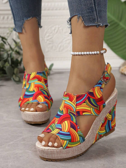 Women's Thick Sole Rainbow Printed Bohemian Open Toe Platform Sandals, Wedge Heeled, Anti-Slip, Versatile Beach Outdoor Vacation Shoes, 2025 Spring/Summer Collection