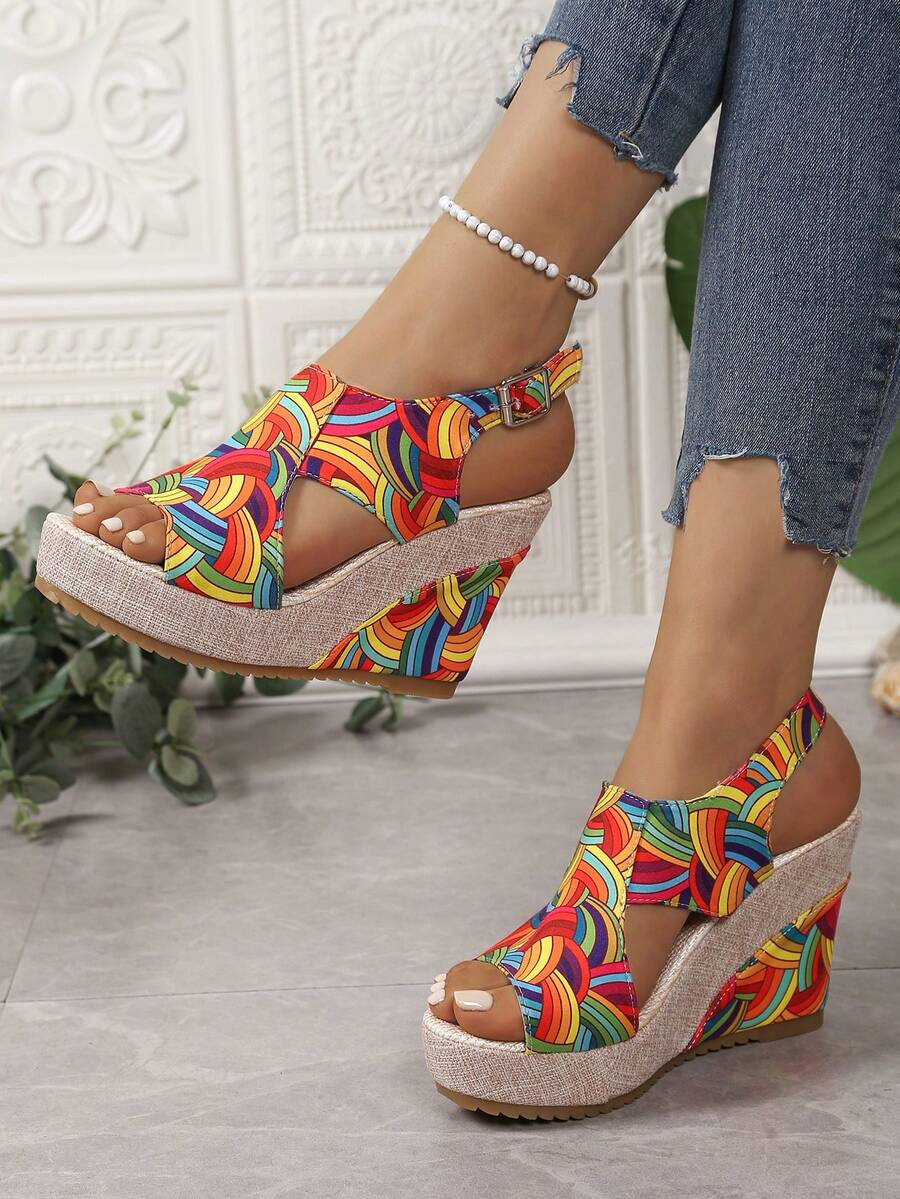 Women's Thick Sole Rainbow Printed Bohemian Open Toe Platform Sandals, Wedge Heeled, Anti-Slip, Versatile Beach Outdoor Vacation Shoes, 2025 Spring/Summer Collection