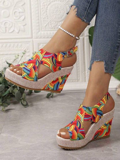 Women's Thick Sole Rainbow Printed Bohemian Open Toe Platform Sandals, Wedge Heeled, Anti-Slip, Versatile Beach Outdoor Vacation Shoes, 2025 Spring/Summer Collection