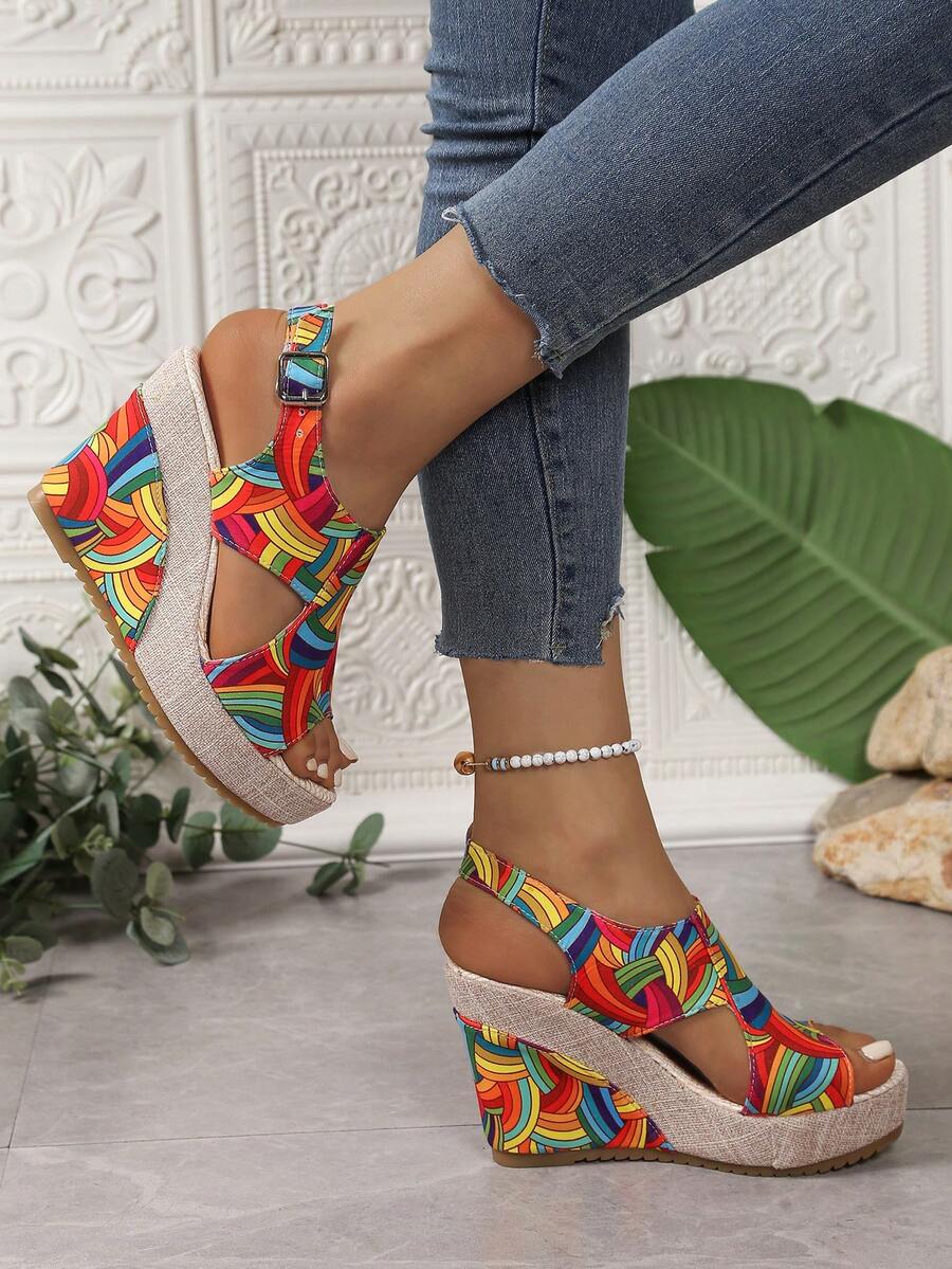 Women's Thick Sole Rainbow Printed Bohemian Open Toe Platform Sandals, Wedge Heeled, Anti-Slip, Versatile Beach Outdoor Vacation Shoes, 2025 Spring/Summer Collection