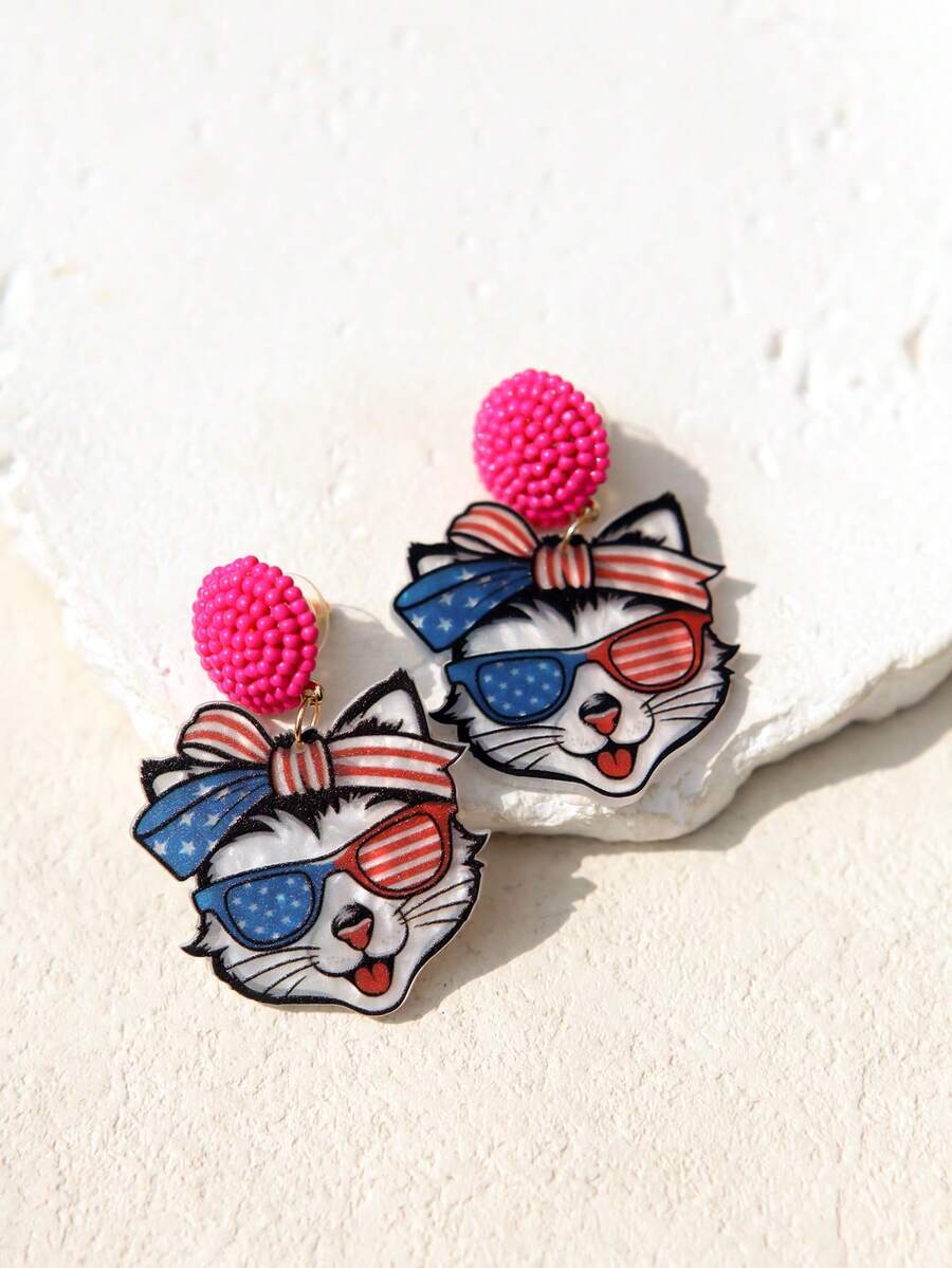 Pink Snail Funny Cute Statement Bubble Blowing Glasses Wearing Cat Design Acrylic Resin Drop Dangle Earrings For Women And Girls, Holidays, Valentines, Christmas, New Year, Birthday Gifts, Fashion Jewelry