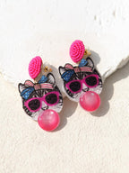Pink Snail Funny Cute Statement Bubble Blowing Glasses Wearing Cat Design Acrylic Resin Drop Dangle Earrings For Women And Girls, Holidays, Valentines, Christmas, New Year, Birthday Gifts, Fashion Jewelry