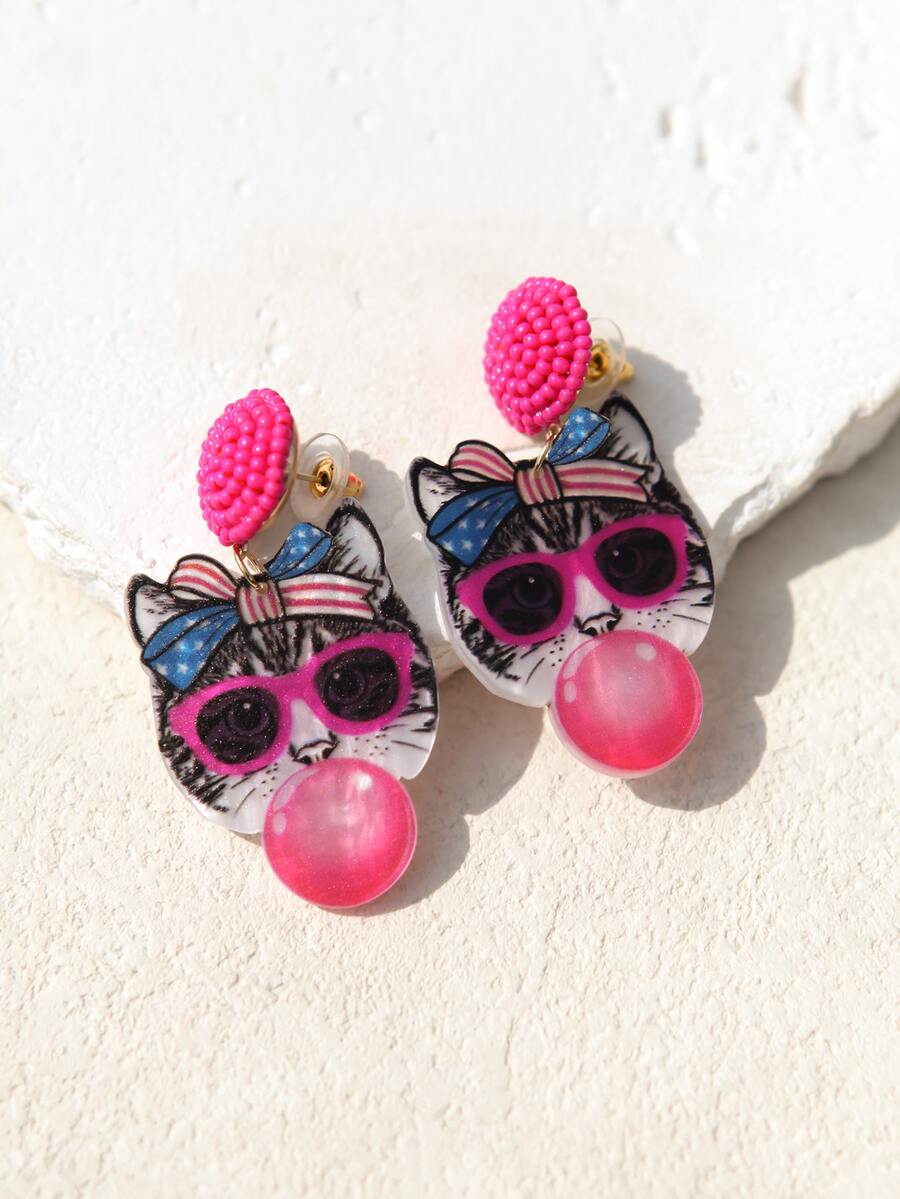 Pink Snail Funny Cute Statement Bubble Blowing Glasses Wearing Cat Design Acrylic Resin Drop Dangle Earrings For Women And Girls, Holidays, Valentines, Christmas, New Year, Birthday Gifts, Fashion Jewelry