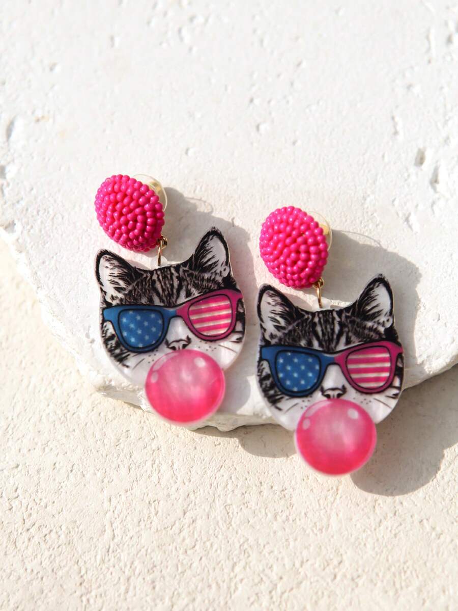 Pink Snail Funny Cute Statement Bubble Blowing Glasses Wearing Cat Design Acrylic Resin Drop Dangle Earrings For Women And Girls, Holidays, Valentines, Christmas, New Year, Birthday Gifts, Fashion Jewelry
