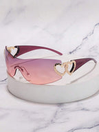 Frameless Metal Heart Decor Y2K Glasses, Women's Oversized Wrap, For Beach Party, Festival, Vacation, Preppy Back To School Style
