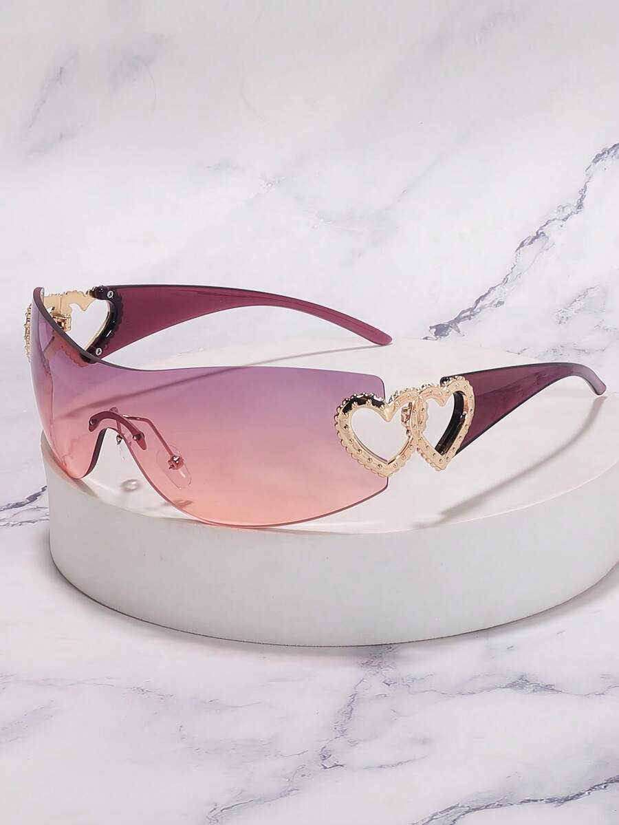 Frameless Metal Heart Decor Y2K Glasses, Women's Oversized Wrap, For Beach Party, Festival, Vacation, Preppy Back To School Style