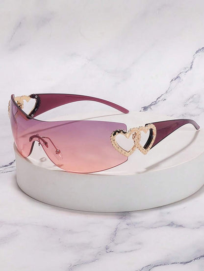 Frameless Metal Heart Decor Y2K Glasses, Women's Oversized Wrap, For Beach Party, Festival, Vacation, Preppy Back To School Style