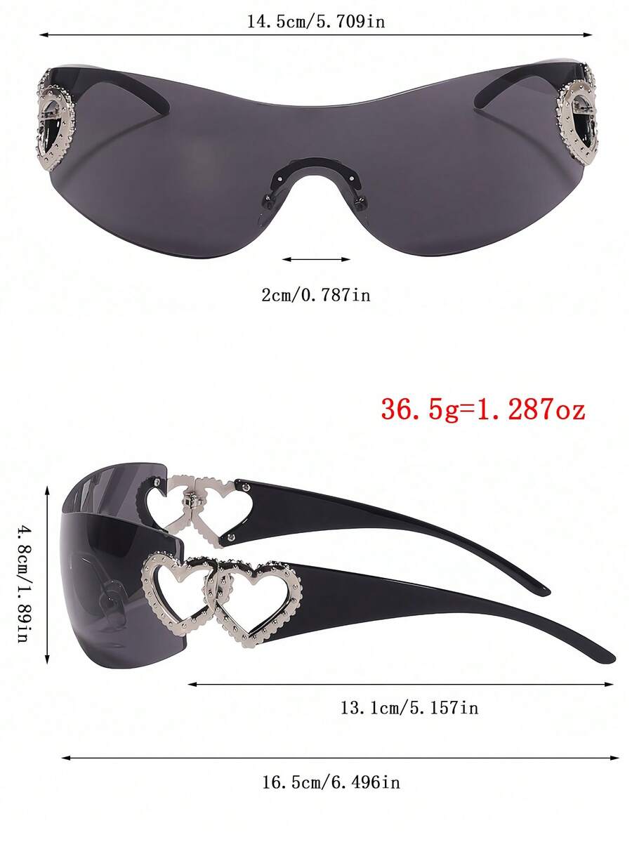 Frameless Metal Heart Decor Y2K Glasses, Women's Oversized Wrap, For Beach Party, Festival, Vacation, Preppy Back To School Style