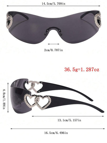 Frameless Metal Heart Decor Y2K Glasses, Women's Oversized Wrap, For Beach Party, Festival, Vacation, Preppy Back To School Style