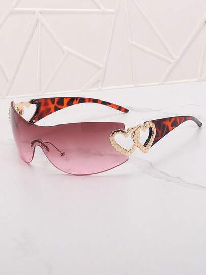 Frameless Metal Heart Decor Y2K Glasses, Women's Oversized Wrap, For Beach Party, Festival, Vacation, Preppy Back To School Style
