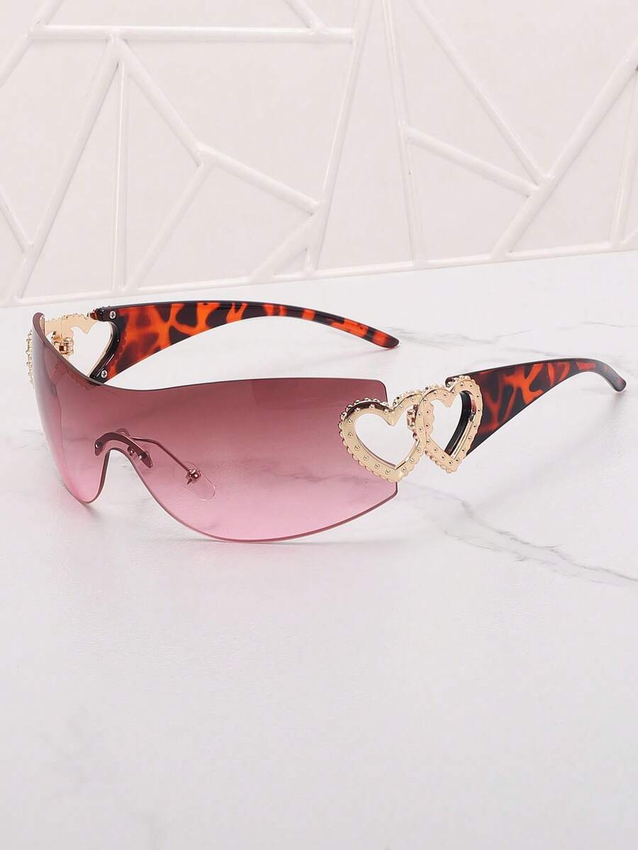 Frameless Metal Heart Decor Y2K Glasses, Women's Oversized Wrap, For Beach Party, Festival, Vacation, Preppy Back To School Style
