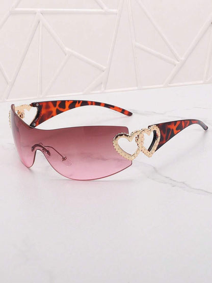 Frameless Metal Heart Decor Y2K Glasses, Women's Oversized Wrap, For Beach Party, Festival, Vacation, Preppy Back To School Style