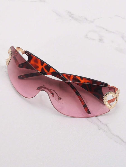 Frameless Metal Heart Decor Y2K Glasses, Women's Oversized Wrap, For Beach Party, Festival, Vacation, Preppy Back To School Style