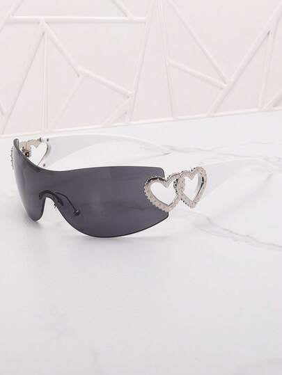 Frameless Metal Heart Decor Y2K Glasses, Women's Oversized Wrap, For Beach Party, Festival, Vacation, Preppy Back To School Style