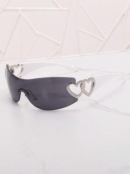 Frameless Metal Heart Decor Y2K Glasses, Women's Oversized Wrap, For Beach Party, Festival, Vacation, Preppy Back To School Style
