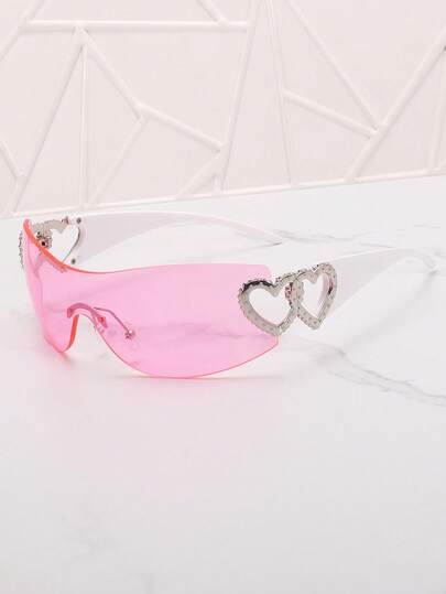 Frameless Metal Heart Decor Y2K Glasses, Women's Oversized Wrap, For Beach Party, Festival, Vacation, Preppy Back To School Style