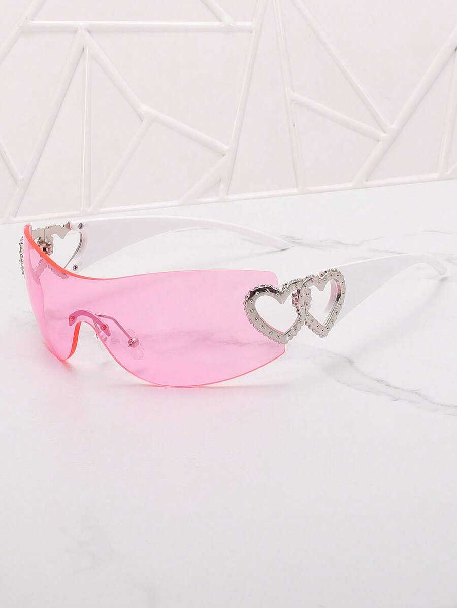 Frameless Metal Heart Decor Y2K Glasses, Women's Oversized Wrap, For Beach Party, Festival, Vacation, Preppy Back To School Style