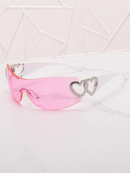 Frameless Metal Heart Decor Y2K Glasses, Women's Oversized Wrap, For Beach Party, Festival, Vacation, Preppy Back To School Style
