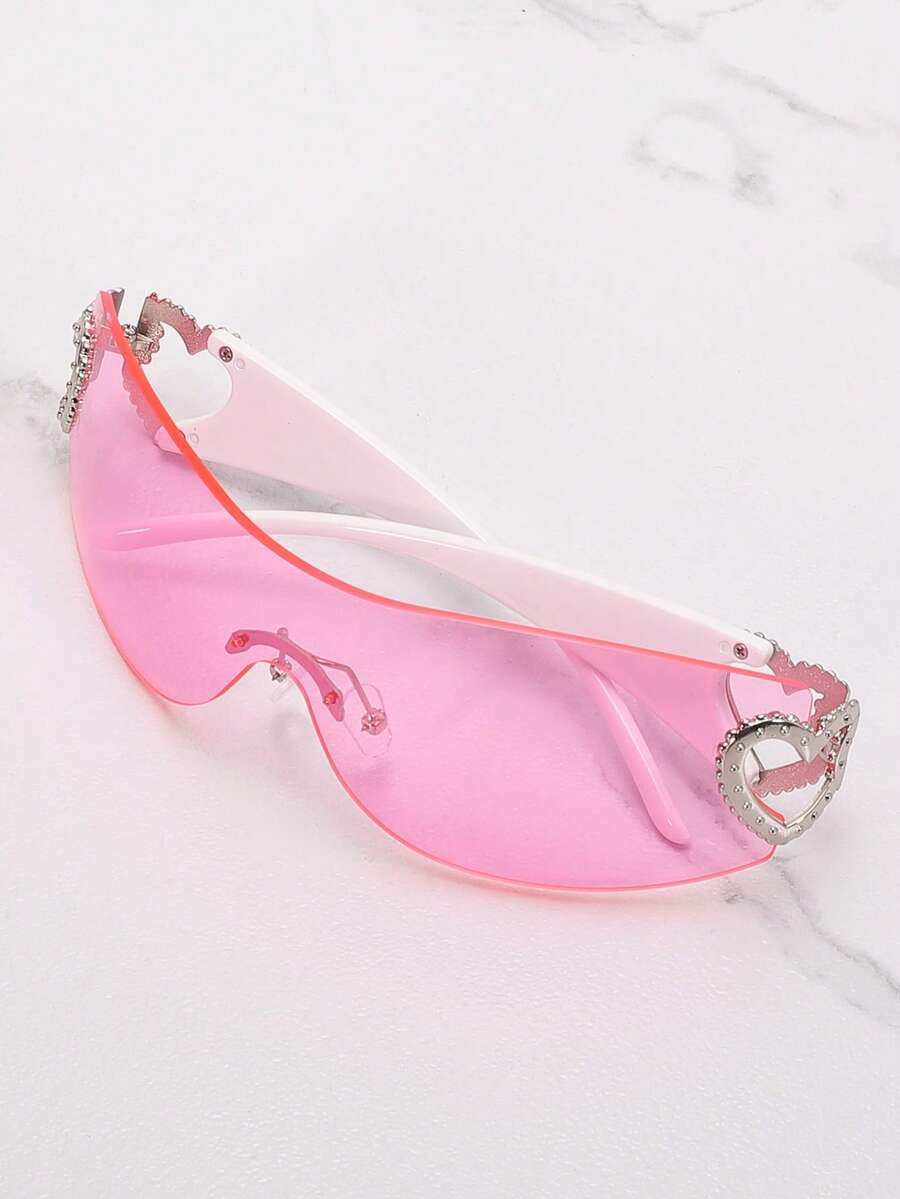 Frameless Metal Heart Decor Y2K Glasses, Women's Oversized Wrap, For Beach Party, Festival, Vacation, Preppy Back To School Style