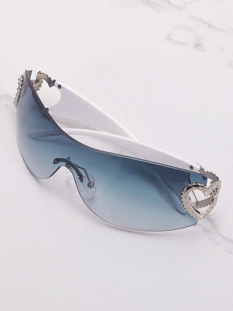 Frameless Metal Heart Decor Y2K Glasses, Women's Oversized Wrap, For Beach Party, Festival, Vacation, Preppy Back To School Style