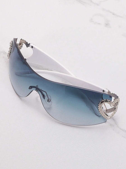 Frameless Metal Heart Decor Y2K Glasses, Women's Oversized Wrap, For Beach Party, Festival, Vacation, Preppy Back To School Style