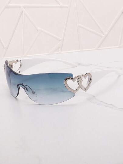 Frameless Metal Heart Decor Y2K Glasses, Women's Oversized Wrap, For Beach Party, Festival, Vacation, Preppy Back To School Style