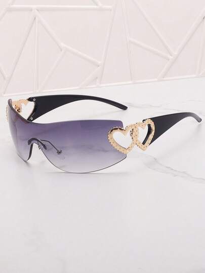 Frameless Metal Heart Decor Y2K Glasses, Women's Oversized Wrap, For Beach Party, Festival, Vacation, Preppy Back To School Style