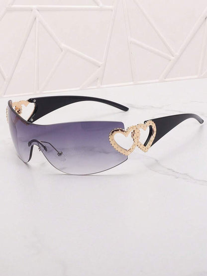 Frameless Metal Heart Decor Y2K Glasses, Women's Oversized Wrap, For Beach Party, Festival, Vacation, Preppy Back To School Style
