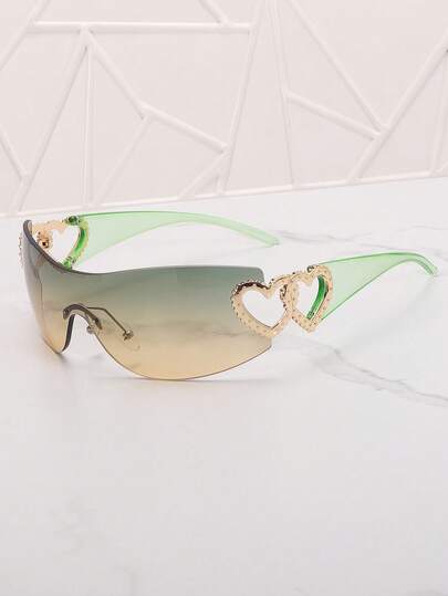 Frameless Metal Heart Decor Y2K Glasses, Women's Oversized Wrap, For Beach Party, Festival, Vacation, Preppy Back To School Style