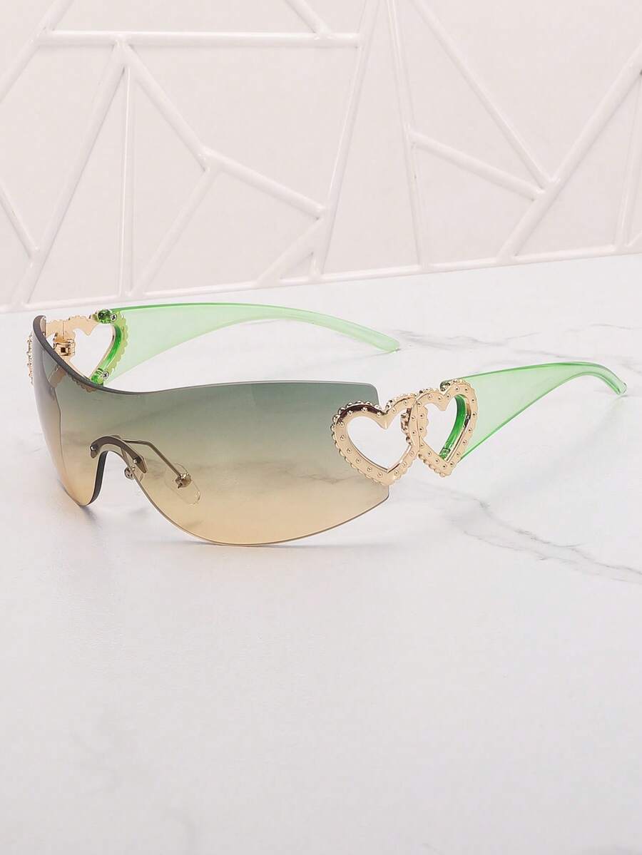 Frameless Metal Heart Decor Y2K Glasses, Women's Oversized Wrap, For Beach Party, Festival, Vacation, Preppy Back To School Style