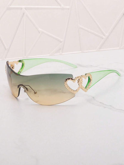 Frameless Metal Heart Decor Y2K Glasses, Women's Oversized Wrap, For Beach Party, Festival, Vacation, Preppy Back To School Style