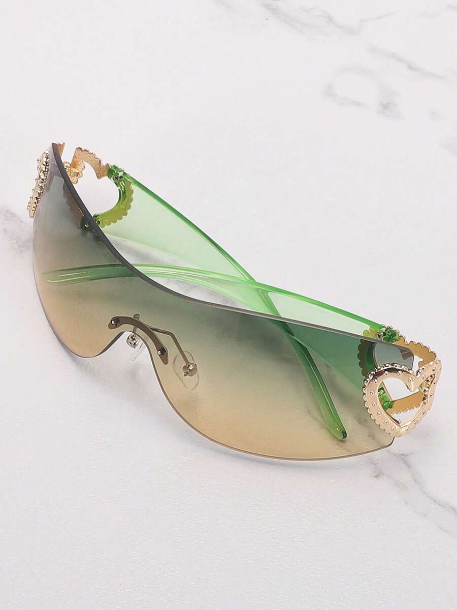 Frameless Metal Heart Decor Y2K Glasses, Women's Oversized Wrap, For Beach Party, Festival, Vacation, Preppy Back To School Style