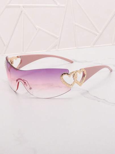 Frameless Metal Heart Decor Y2K Glasses, Women's Oversized Wrap, For Beach Party, Festival, Vacation, Preppy Back To School Style
