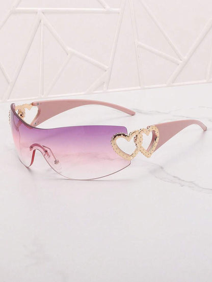 Frameless Metal Heart Decor Y2K Glasses, Women's Oversized Wrap, For Beach Party, Festival, Vacation, Preppy Back To School Style