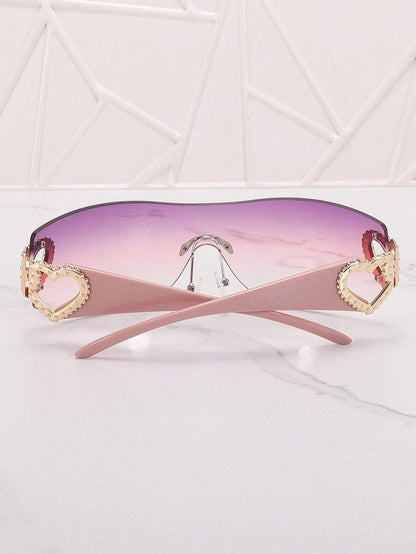 Frameless Metal Heart Decor Y2K Glasses, Women's Oversized Wrap, For Beach Party, Festival, Vacation, Preppy Back To School Style
