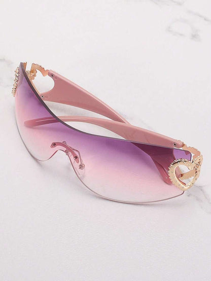 Frameless Metal Heart Decor Y2K Glasses, Women's Oversized Wrap, For Beach Party, Festival, Vacation, Preppy Back To School Style
