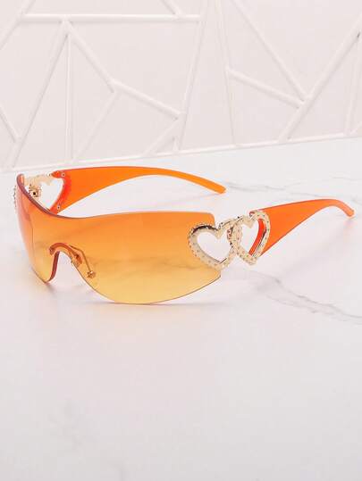 Frameless Metal Heart Decor Y2K Glasses, Women's Oversized Wrap, For Beach Party, Festival, Vacation, Preppy Back To School Style