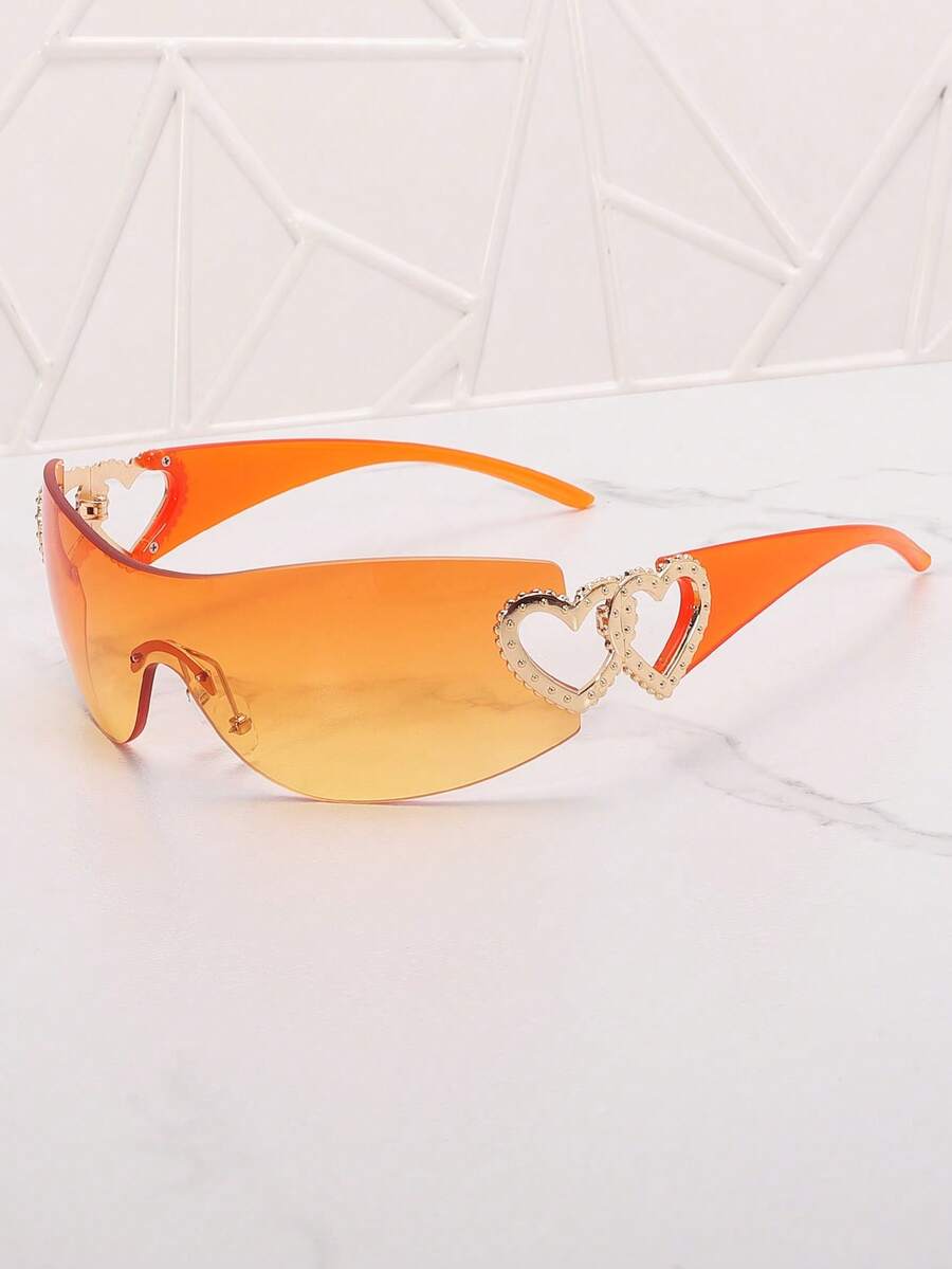 Frameless Metal Heart Decor Y2K Glasses, Women's Oversized Wrap, For Beach Party, Festival, Vacation, Preppy Back To School Style