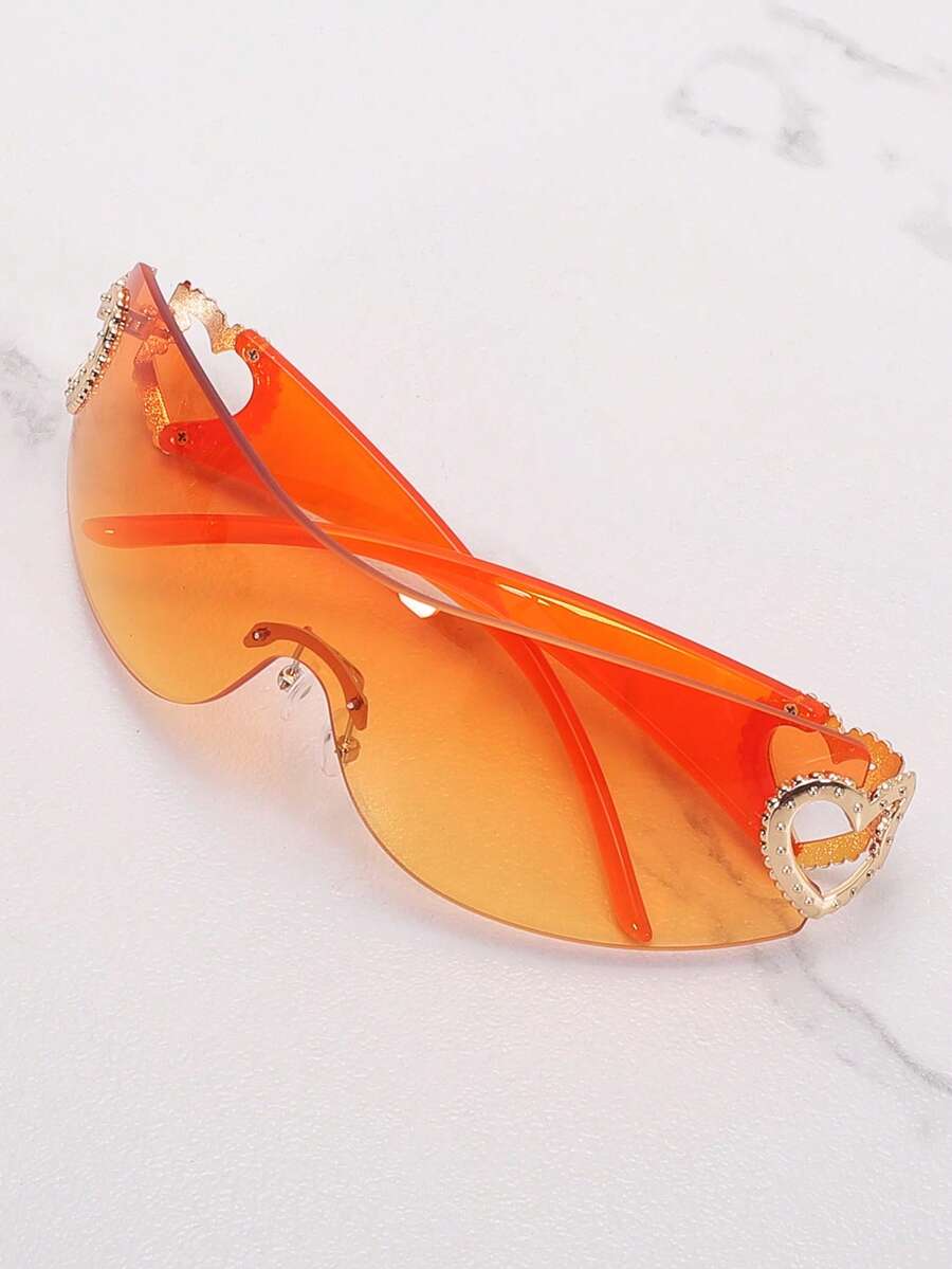 Frameless Metal Heart Decor Y2K Glasses, Women's Oversized Wrap, For Beach Party, Festival, Vacation, Preppy Back To School Style