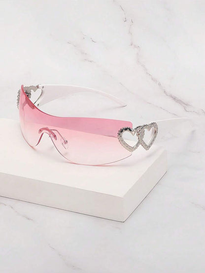 Frameless Metal Heart Decor Y2K Glasses, Women's Oversized Wrap, For Beach Party, Festival, Vacation, Preppy Back To School Style