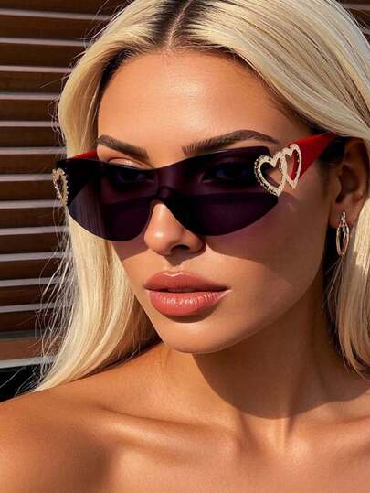 Frameless Metal Heart Decor Y2K Glasses, Women's Oversized Wrap, For Beach Party, Festival, Vacation, Preppy Back To School Style