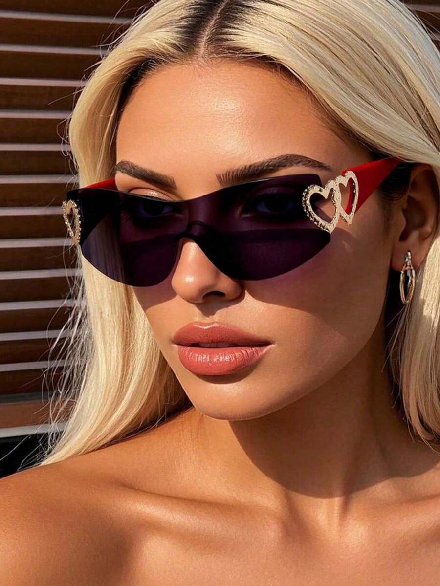 Frameless Metal Heart Decor Y2K Glasses, Women's Oversized Wrap, For Beach Party, Festival, Vacation, Preppy Back To School Style