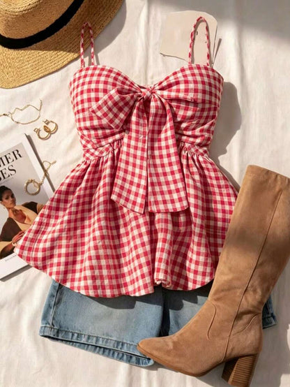 Women's Summer Camisole, Women's Plaid Camisole Top For Vacation, Graduation, Wedding, Back To School, Vintage Style, Party, Lunch, Cute Casual Summer, Sweet Romantic Country Style, Textured, Loose Comfortable Hem Camisole Pink