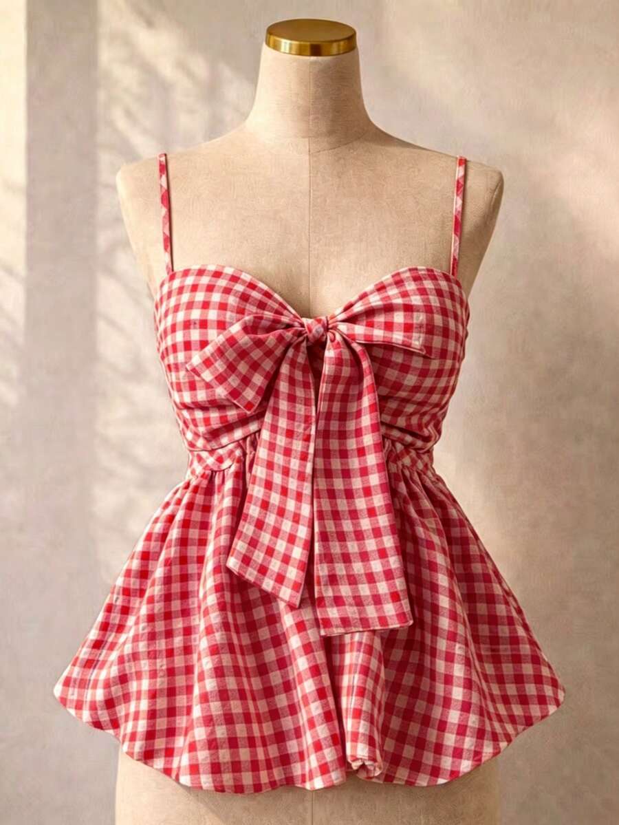 Women's Summer Camisole, Women's Plaid Camisole Top For Vacation, Graduation, Wedding, Back To School, Vintage Style, Party, Lunch, Cute Casual Summer, Sweet Romantic Country Style, Textured, Loose Comfortable Hem Camisole Pink