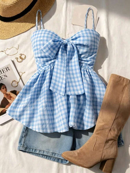 Women's Summer Camisole, Women's Plaid Camisole Top For Vacation, Graduation, Wedding, Back To School, Vintage Style, Party, Lunch, Cute Casual Summer, Sweet Romantic Country Style, Textured, Loose Comfortable Hem Camisole Pink